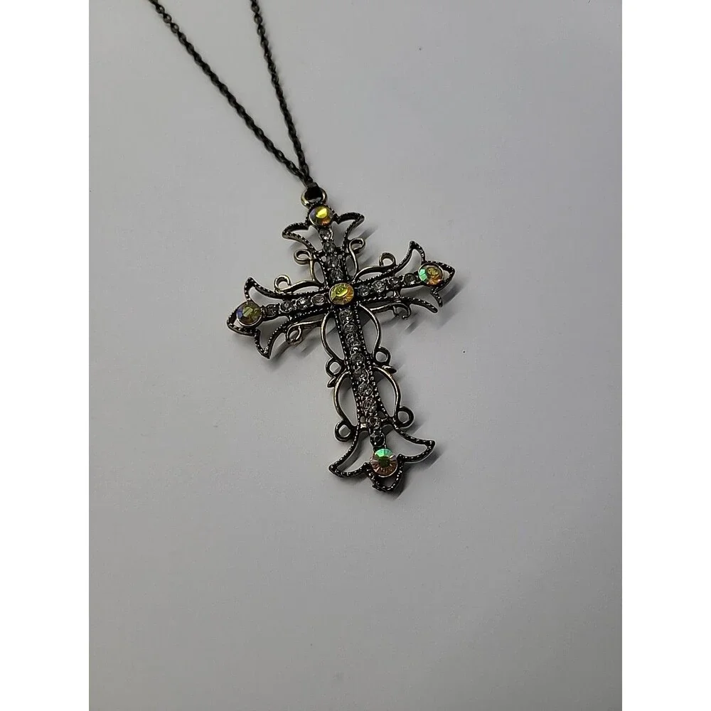 Gold Tone Cross Pendant Necklace Rhinestone AB Crystal Filigree Ornate Vintage‎